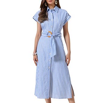 Striped Dress for Women Casual Button Down Side Slit Belted A Line Summer Midi Dresses