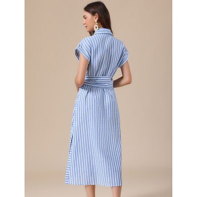 Striped Dress for Women Casual Button Down Side Slit Belted A Line Summer Midi Dresses
