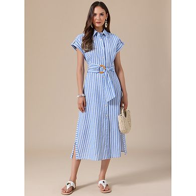 Striped Dress for Women Casual Button Down Side Slit Belted A Line Summer Midi Dresses