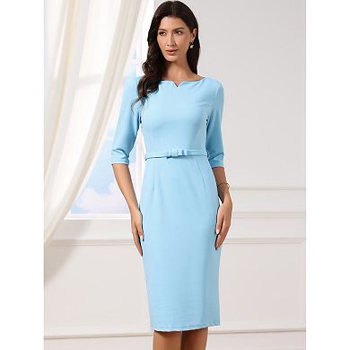 Work Dresses for Women 3/4 Sleeve Boat Neck Elegant Belted Formal Midi Dress