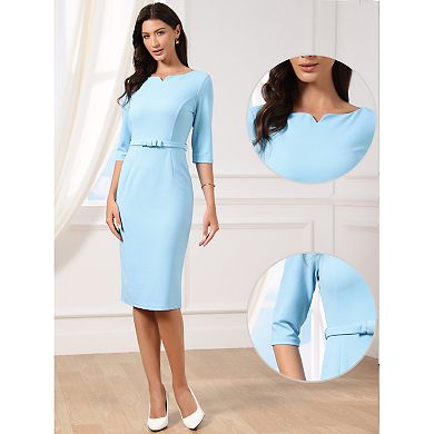 Work Dresses for Women 3/4 Sleeve Boat Neck Elegant Belted Formal Midi Dress