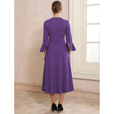 Women's Formal Dress Zipper Front Bell Sleeves Business Office Midi A-Line Dresses