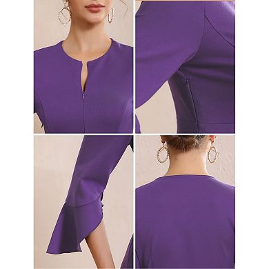 Women's Formal Dress Zipper Front Bell Sleeves Business Office Midi A-Line Dresses