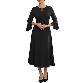 Women's Formal Dress Zipper Front Bell Sleeves Business Office Midi A-Line Dresses