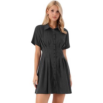 Striped Shirt Dress for Women's Button Down Short Sleeve Casual Pleated Blouse Mini Dresses