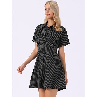 Striped Shirt Dress for Women's Button Down Short Sleeve Casual Pleated ...