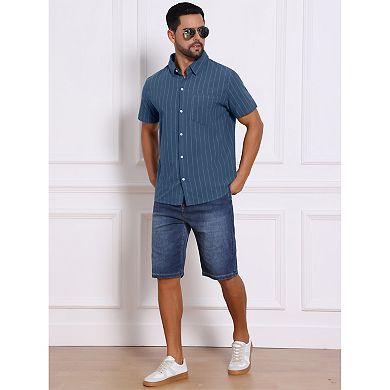 Men's Point Collar Short Sleeve Button Down Casual Stripes Linen Shirts