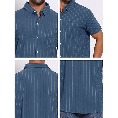 Men's Point Collar Short Sleeve Button Down Casual Stripes Linen Shirts