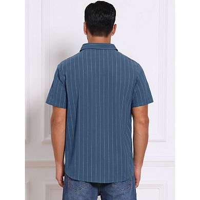 Men's Point Collar Short Sleeve Button Down Casual Stripes Linen Shirts