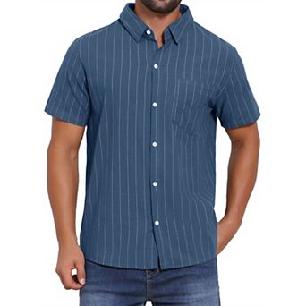 Men's Point Collar Short Sleeve Button Down Casual Stripes Linen Shirts