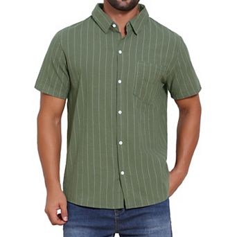 Men's Point Collar Short Sleeve Button Down Casual Stripes Linen Shirts