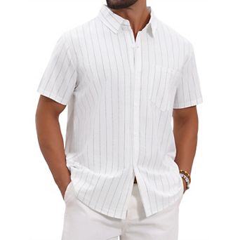 Men's Point Collar Short Sleeve Button Down Casual Stripes Linen Shirts