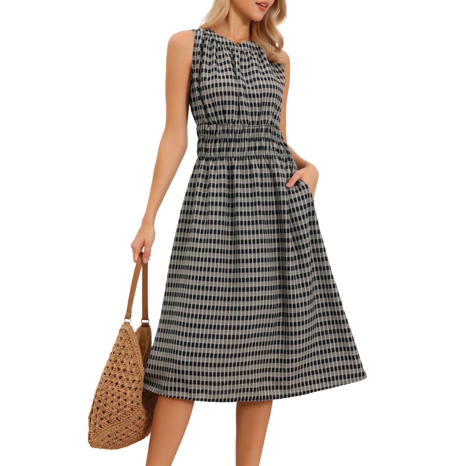 Женские платья Sleeveless Plaid Dress for Women Crew Neck Smocked Waist Midi Dress