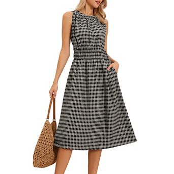 Sleeveless Plaid Dress for Women Crew Neck Smocked Waist Midi Dress
