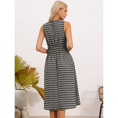 Sleeveless Plaid Dress for Women Crew Neck Smocked Waist Midi Dress