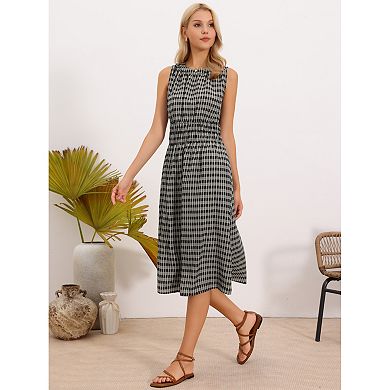Sleeveless Plaid Dress for Women Crew Neck Smocked Waist Midi Dress