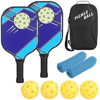 Pickleball Set 2 Fiberglass Paddles, 4 Balls, Carry Bag & Cooling Towels for Beginners & Pros