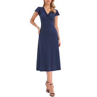 Polka Dot Dress for Women's Summer Cap Sleeve V Neck Lace Trim Decor Casual Midi Dresses