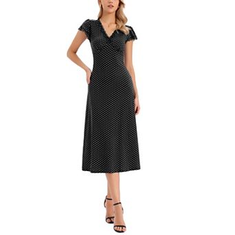 Polka Dot Dress for Women's Summer Cap Sleeve V Neck Lace Trim Decor Casual Midi Dresses