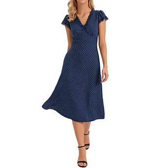 Polka Dot Dress for Women's Summer Cap Sleeve V Neck Lace Trim Decor Casual Midi Dresses