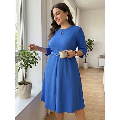 Work for Women's Keyhole Neck 3/4 Sleeve Office A-Line Dress with Belt