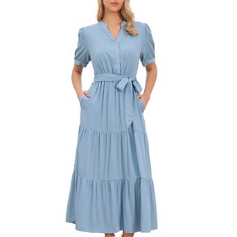 Maxi Dresses for Women's Puffy Sleeve Button Down Short Sleeve V Neck Belted Long Flowy Summer Dress