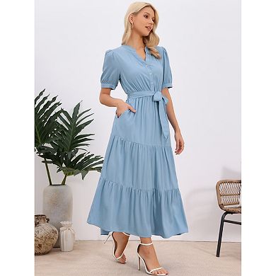 Maxi Dresses for Women's Puffy Sleeve Button Down Short Sleeve V Neck Belted Long Flowy Summer Dress