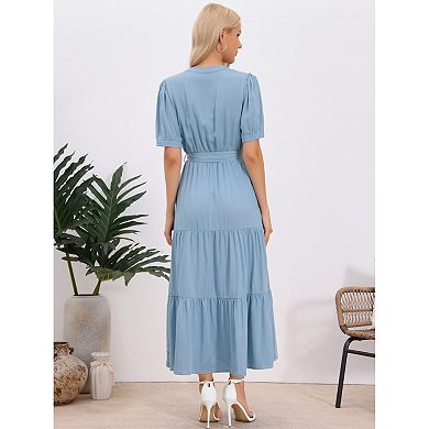 Maxi Dresses for Women's Puffy Sleeve Button Down Short Sleeve V Neck Belted Long Flowy Summer Dress
