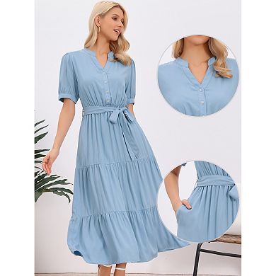 Maxi Dresses for Women's Puffy Sleeve Button Down Short Sleeve V Neck Belted Long Flowy Summer Dress