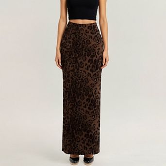 Women’s Leopard Print Maxi Skirt with Smooth Stretch Fabric and Soft Straight Silhouette