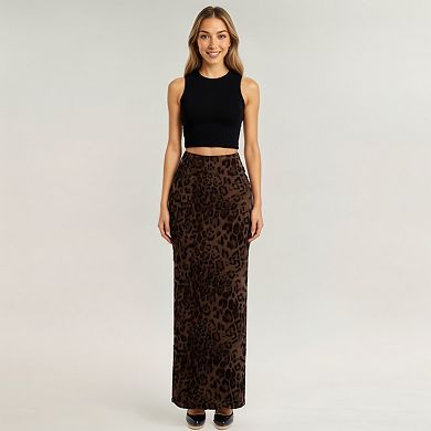 Women’s Leopard Print Maxi Skirt with Smooth Stretch Fabric and Soft Straight Silhouette
