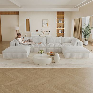 Whisen 157.6'' 6-Seat U-Shaped Cloud Sofa Deep Seat Couch with Ottomans