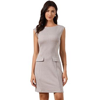 Plaid Dress for Women's Sleeveless Boat Neck Vintage Houndstooth Work Dresses