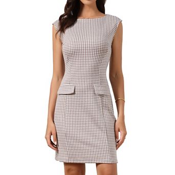 Plaid Dress for Women's Sleeveless Boat Neck Vintage Houndstooth Work Dresses
