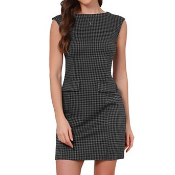 Plaid Dress for Women's Sleeveless Boat Neck Vintage Houndstooth Work Dresses