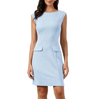 Plaid Dress for Women's Sleeveless Boat Neck Vintage Houndstooth Work Dresses
