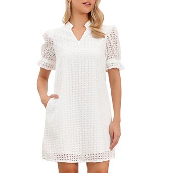 Short Sleeve Mini Dress for Women Summer V Neck Ruffle Hollow Out Eyelet Lace Dresses