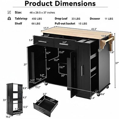 Whisen Kitchen Island with 3 Tier Pull Out Cabinet and 2 Drawers