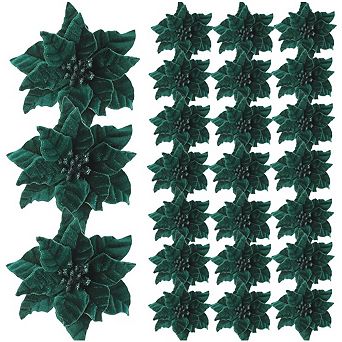 24 pc Poinsettia Flowers Artificial, 6.3 in Large Velvet Christmas Flowers with Stems