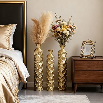 Gold Metal Vase with 3D Triangle Pattern, Set of 3