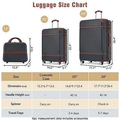 Hardside 3-Piece Spinner Luggage Sets 20"+24" Suitcase and Cosmetic Case