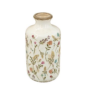 Ceramic Cylinder Vase with Multi-Colored Floral Motifs