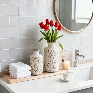 Ceramic Cylinder Vase with Multi-Colored Floral Motifs