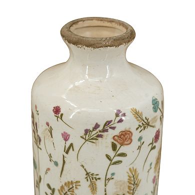 Ceramic Cylinder Vase with Multi-Colored Floral Motifs
