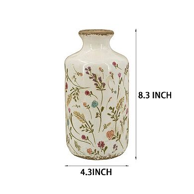 Ceramic Cylinder Vase with Multi-Colored Floral Motifs