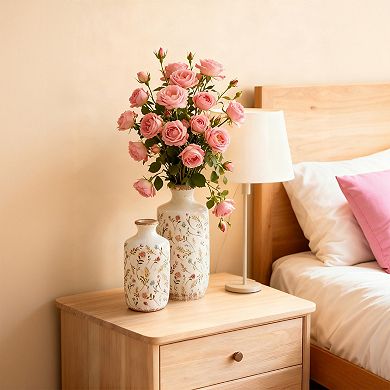 Ceramic Cylinder Vase with Multi-Colored Floral Motifs