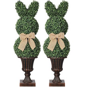 2 pc 3ft Artificial Boxwood Topiary Trees,Outdoor UV Resistant Faux Plantsw/Vintage Planters w/Bows
