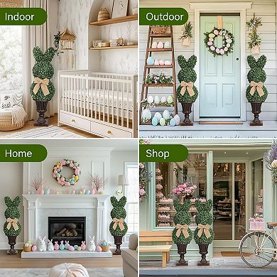 2 PCS 3ft Artificial Boxwood Topiary Trees,Outdoor UV Resistant Faux Plantsw/Vintage Planters w/Bows