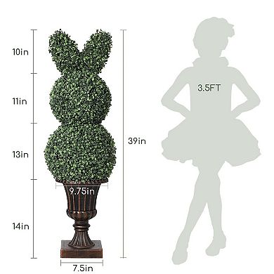 2 PCS 3ft Artificial Boxwood Topiary Trees,Outdoor UV Resistant Faux Plantsw/Vintage Planters w/Bows