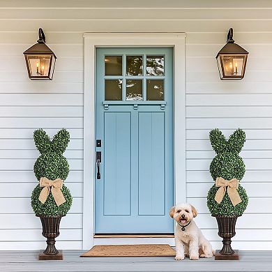 2 PCS 3ft Artificial Boxwood Topiary Trees,Outdoor UV Resistant Faux Plantsw/Vintage Planters w/Bows